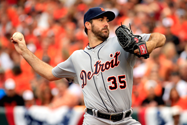 Justin Verlander pitches during Game Two of the American League Division Series at Oriole Park at Camden Yards on October 3, 2014 in Baltimore, Maryland.