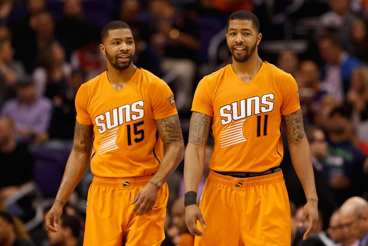 Marcus Morris #15 and Markieff Morris #11 play together 