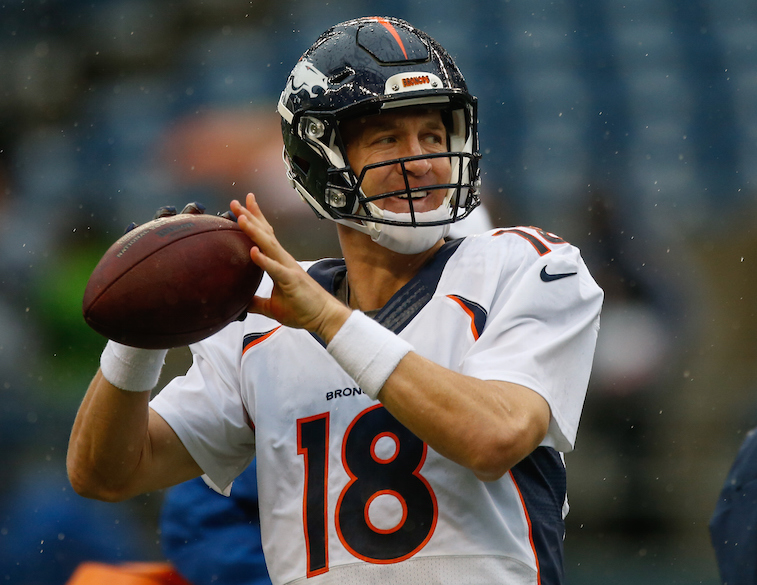 SEATTLE, WA - AUGUST 14:  Quarterback Peyton Manning #18 of the Denver Broncos warms up prior to the game against the Seattle Seahawks at CenturyLink Field on August 14, 2015 in Seattle, Washington.  (Photo by Otto Greule Jr/Getty Images)
