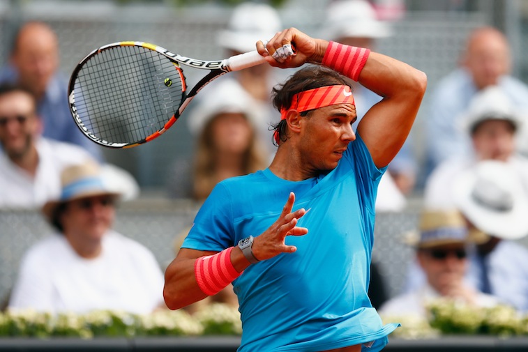 Rafael Nadal of Spain in action against Steve Johnson of USA during day five of the Mutua Madrid Open tennis tournament