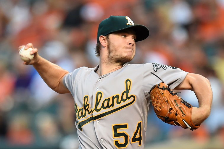 BALTIMORE, MD - AUGUST 17:  Sonny Gray #54 of the Oakland Athletics pitches in the second inning during a baseball game against the Baltimore Orioles at Oriole Park at Camden Yards on August 17, 2015 in Baltimore, Maryland.