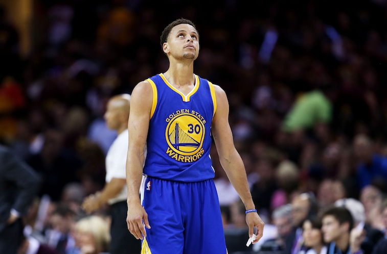 Stephen Curry looks up at the clock during Game 6 of the NBA Finals