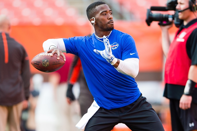 CLEVELAND, OH - AUGUST 20: Quarterback Tyrod Taylor #5 of the Buffalo Bills warms up prior to a preseason game against the Cleveland Browns at FirstEnergy Stadium on August 20, 2015 in Cleveland, Ohio.