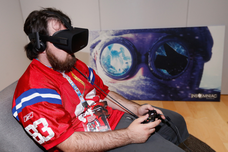 Game enthusiast, Jacob Mix, tests out the virtual reality head-mounted display Oculus Rift CV1