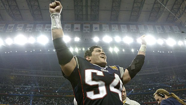 Ted Bruschi celebrates winning the Super Bowl.