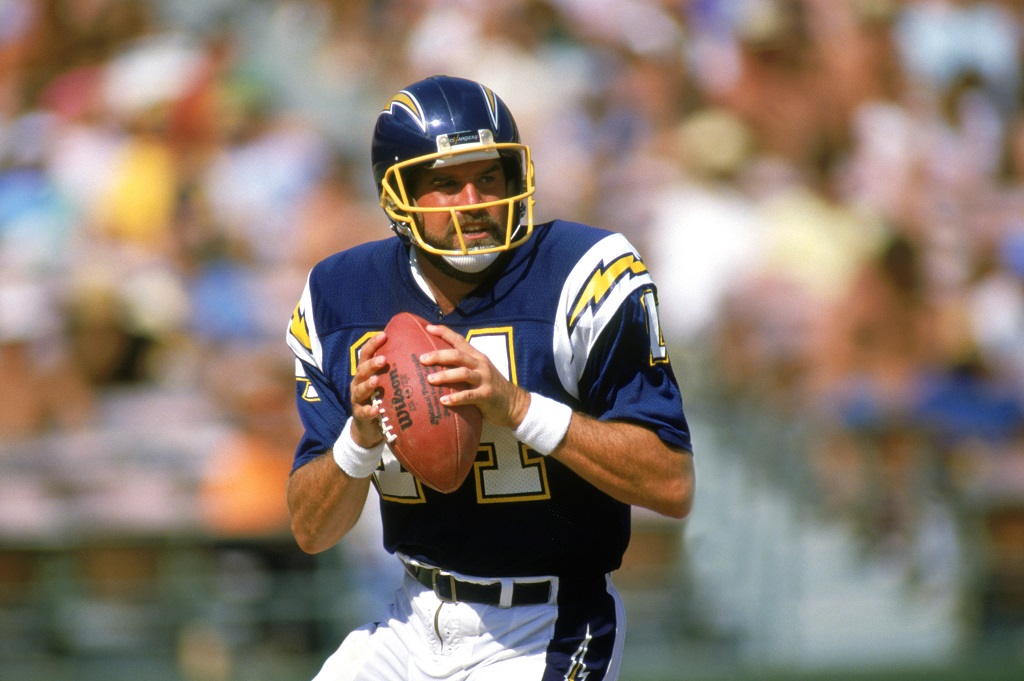 SAN DIEGO -1987: Dan Fouts #14 of the San Diego Chargers looks to pass during a 1987 NFL season game at Jack Murphy Stadium in San Diego, California.