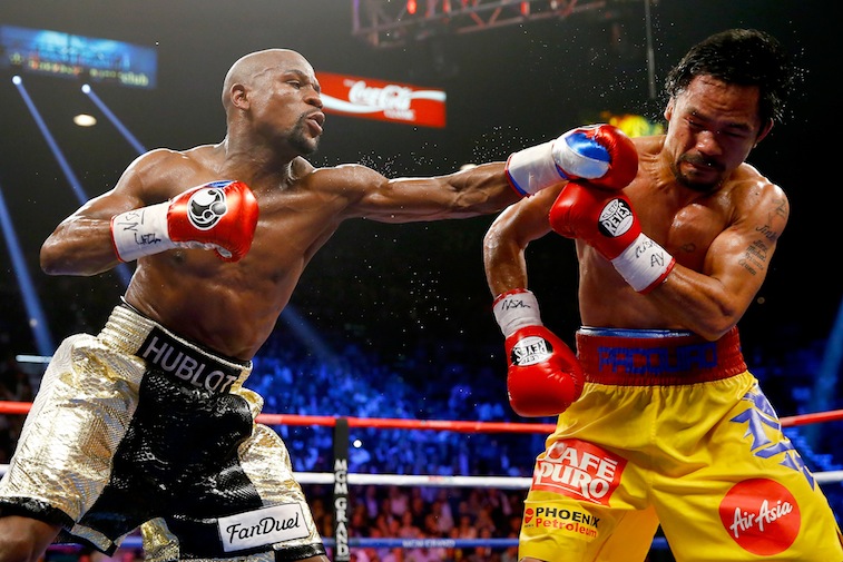 Floyd Mayweather Jr. and Manny Pacquiao box during their welterweight unification championship bout on May 2, 2015