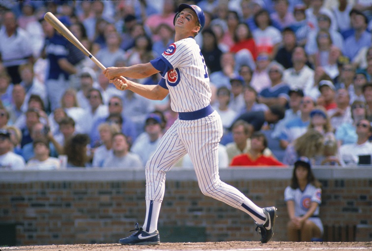 CHICAGO - SEPTEMBER: Mark Grace #17 of the Chicago Cubs pops the ball up during a September 1989 game at Wrigley Field in Chicago, Illinois.