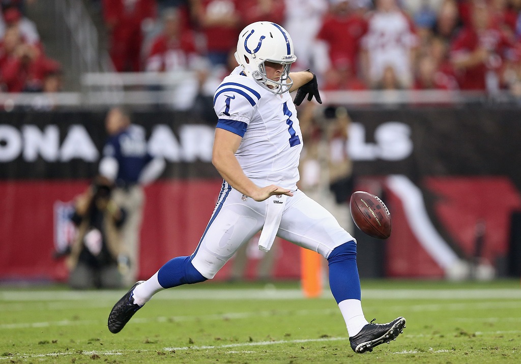 GLENDALE, AZ - NOVEMBER 24:  Punter Pat McAfee #1 of the Indianapolis Colts punts the football during the NFL game against the Arizona Cardinals at the University of Phoenix Stadium on November 24, 2013 in Glendale, Arizona. The Cardinals defeated the Colts 40-11.