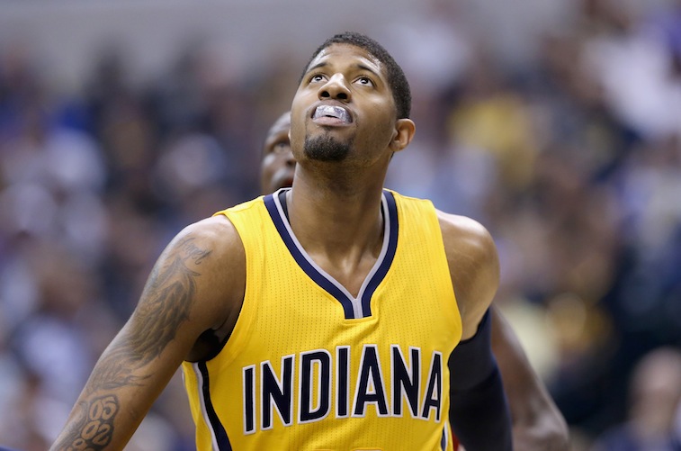 Paul George looks up during a game.