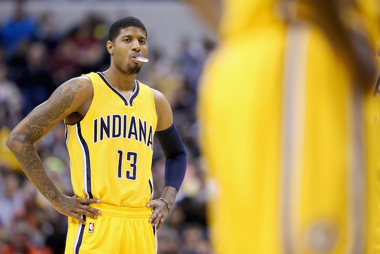Paul George looks on during a free throw