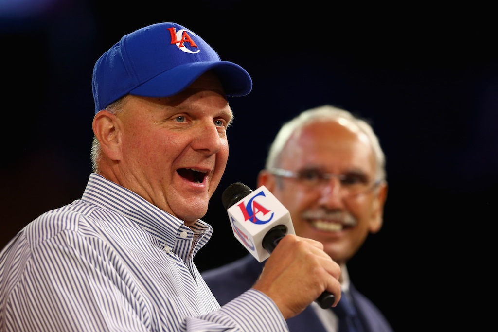 Los Angeles Clippers owner Steve Ballmer addresses the fans