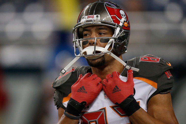 Vincent Jackson looks on during a game against the Lions