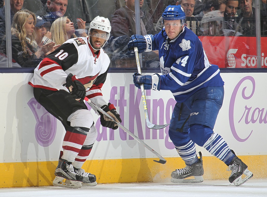 TORONTO, ON - OCTOBER 26:  Anthony Duclair #10 of the Arizona Coyotes skates against Morgan Rielly #44 of the Toronto Maple Leafs during an NHL game at the Air Canada Centre on October 26, 2015 in Toronto, Ontario, Canada. The Coyotes defeated the Leafs 4-3. 