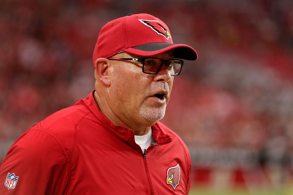 GLENDALE, AZ - SEPTEMBER 27: Head coach Bruce Arians of the Arizona Cardinals watches from the sidelines during the NFL game against the San Francisco 49ers at the University of Phoenix Stadium on September 27, 2015 in Glendale, Arizona. The Carindals defeated the 49ers 47-7. (Photo by Christian Petersen/Getty Images)