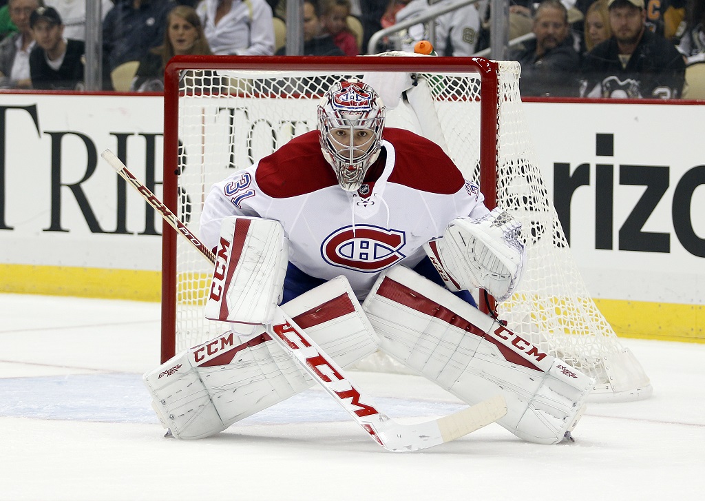 PITTSBURGH, PA - OCTOBER 13: Carey Price #31 of the Montreal Canadiens in action during the game against the Pittsburgh Penguins at Consol Energy Center on October 13, 2015 in Pittsburgh, Pennsylvania.