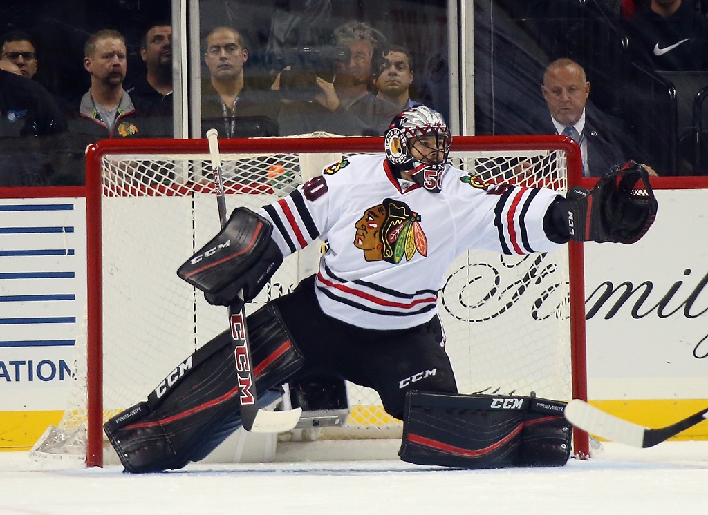 skates against the New York Islanders at the Barclays Center on October 9, 2015 in Brooklyn borough of New York City. The game is the first for the Islanders in their new arena. The Blackhawks defeated the Islanders 3-2 in overtime.
