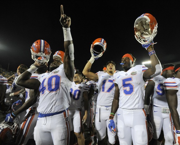 COLUMBIA , MO - OCTOBER 10: Members of the Florida Gators celebrate a 21-3 win over the Missouri Tigers at Memorial Stadium on October 10, 2015 in Columbia, Missouri. (Photo by Ed Zurga/Getty Images)