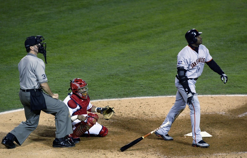 Barry Bonds hits a home run in the 2002 World Series