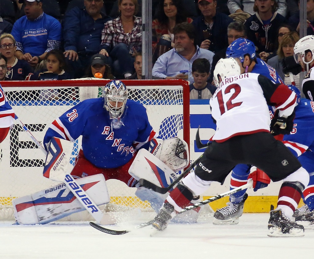 skates against the New York Rangers at Madison Square Garden on October 22, 2015 in New York City. The Rangers defeated the Coyotes 4-1.