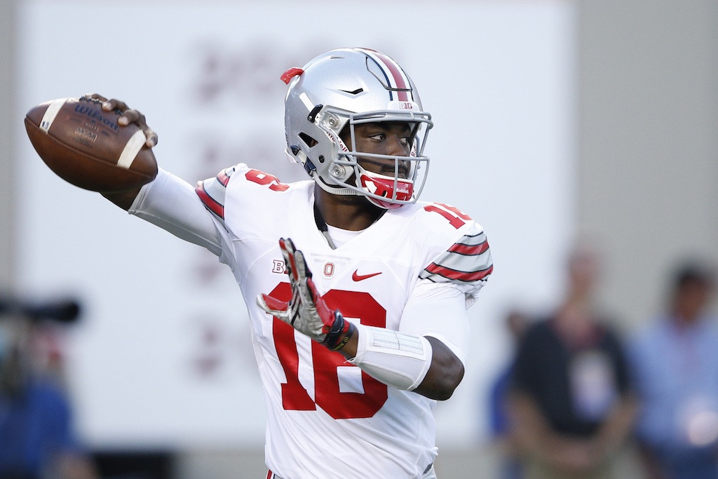 J.T. Barrett warms up prior to a game against Virginia Tech