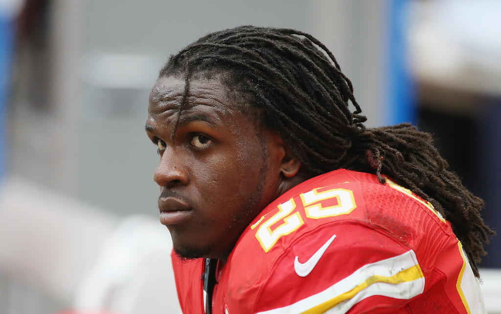 Jamaal Charles on the bench during a game against the Texans