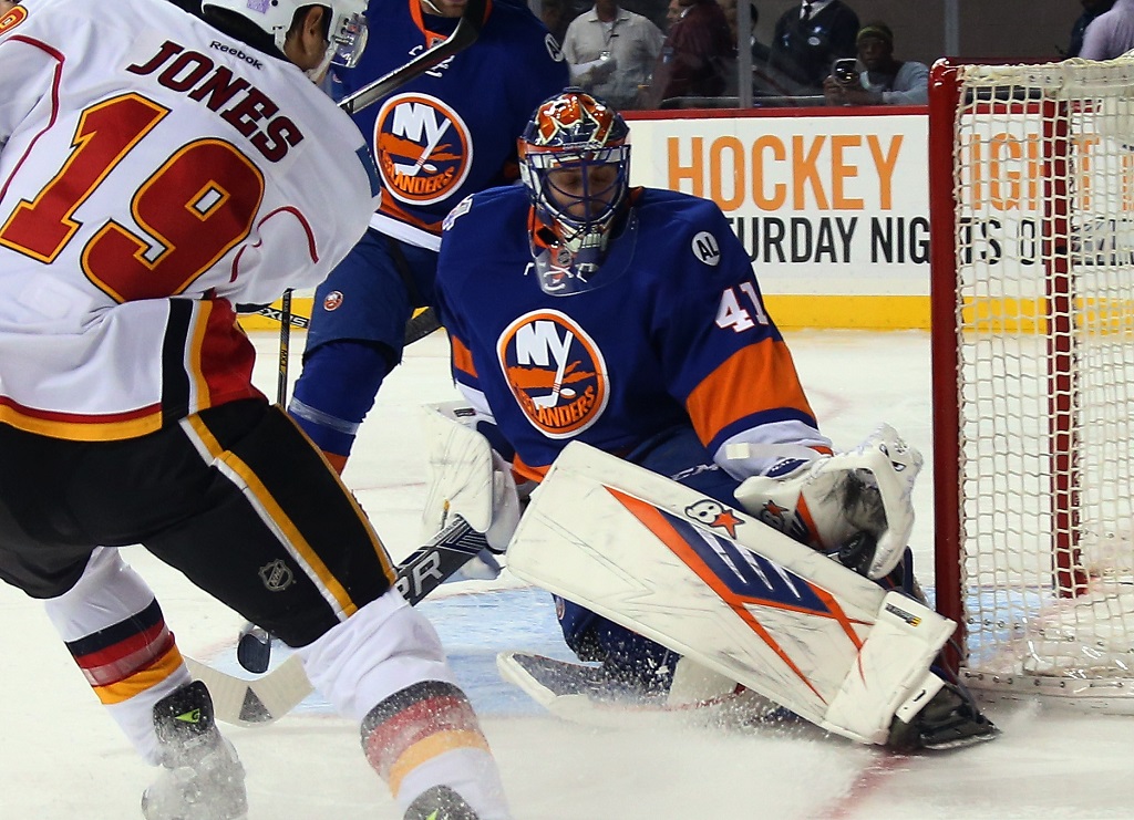 skates against the Calgary Flames at the Barclays Center on October 26, 2015 in the Brooklyn borough of New York City. The Islanders shut out the Flames 4-0.