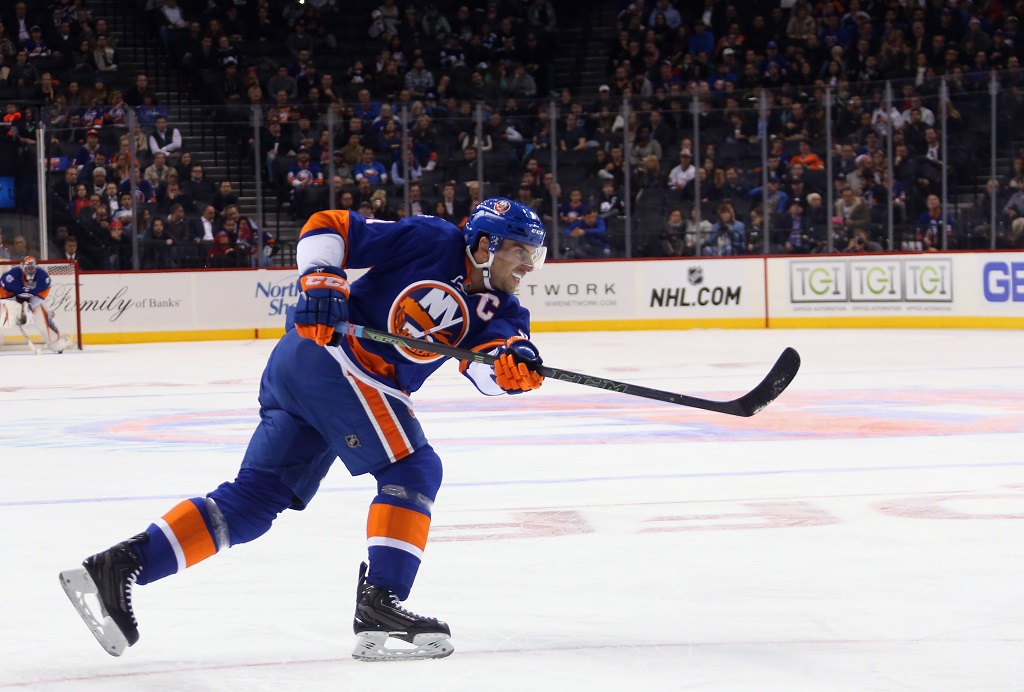 skates against the Calgary Flames at the Barclays Center on October 26, 2015 in the Brooklyn borough of New York City. The Islanders shut out the Flames 4-0.