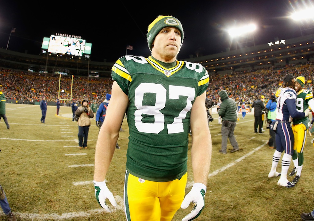 Jordy Nelson walks off the field after a game against the Patriots