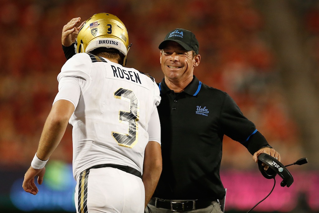 UCLA coach Jim Mora congratulates quarterback Josh Rosen