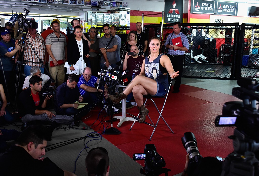 Ronda Rousey Hosts Media Day Ahead 0f The Rousey Vs. Holm Fight at the Glendale Fighting Club on October 27, 2015 in Glendale, California.
