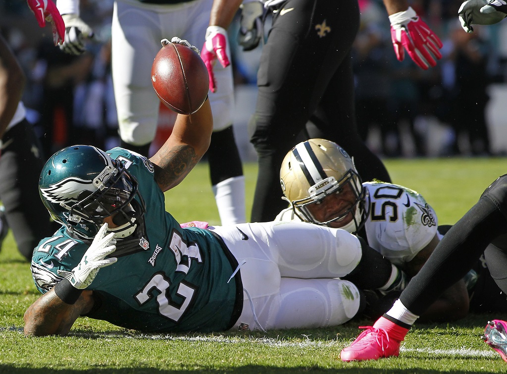 PHILADELPHIA, PA - OCTOBER 11: Ryan Mathews #24 of the Philadelphia Eagles is tackled in the end zone by Stephone Anthony #50 the New Orleans Saints in the third quarter during a football game at Lincoln Financial Field on October 11, 2015 in Philadelphia, Pennsylvania. 39-17. (Photo by Rich Schultz /Getty Images)