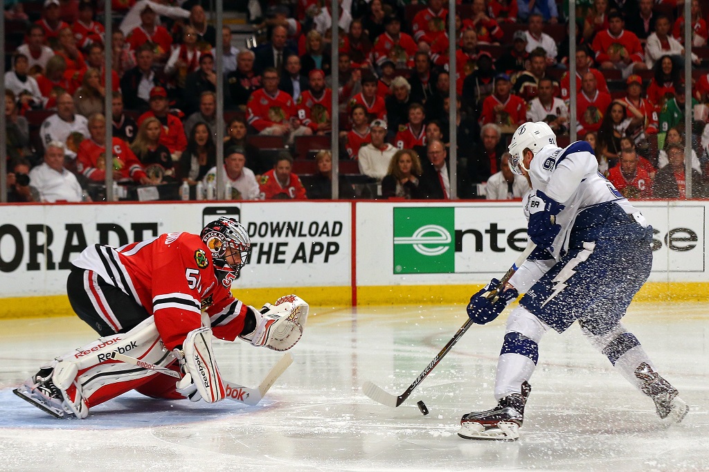 during Game Six of the 2015 NHL Stanley Cup Final at the United Center on June 15, 2015 in Chicago, Illinois.