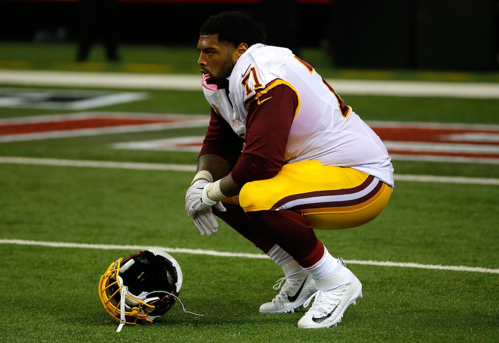Trent Williams reacts to a play against the Falcons