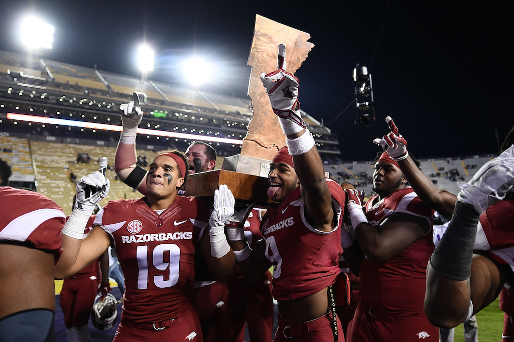 The Arkansas Razorbacks celebrate their victory over LSU