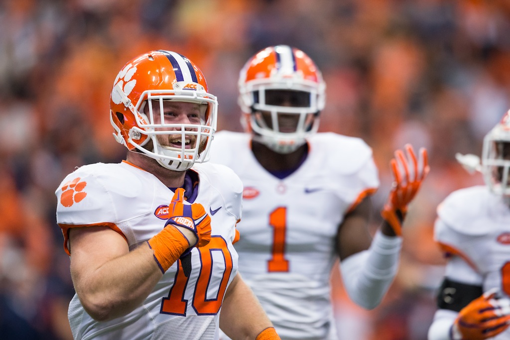 Ben Boulware celebrates a fumble recovery for Clemson