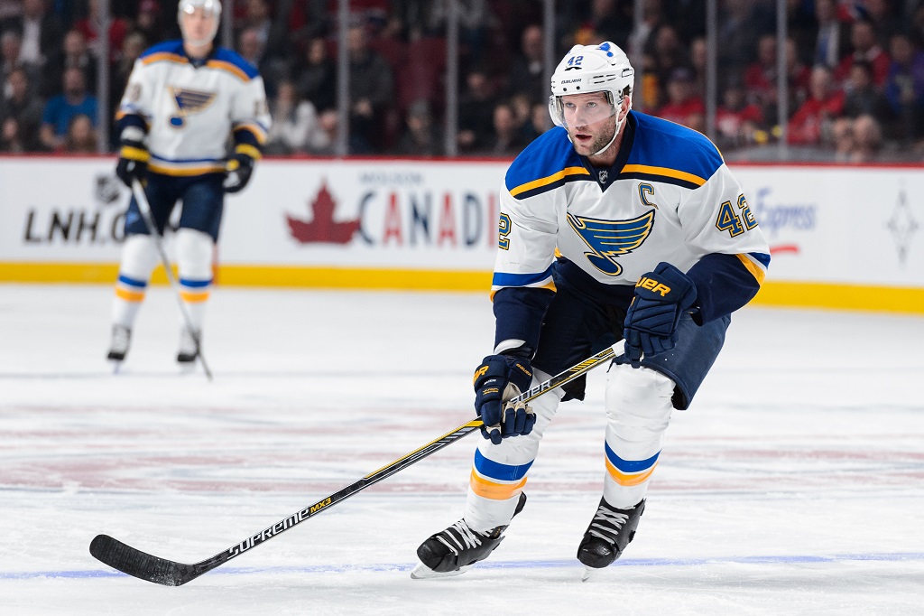 MONTREAL, QC - OCTOBER 20: David Backes #42 of the St. Louis Blues skates during the NHL game against the Montreal Canadiens at the Bell Centre on October 20, 2015 in Montreal, Quebec, Canada. The Montreal Canadiens defeated the St. Louis Blues 3-0