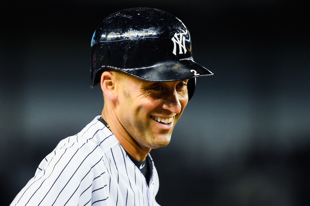 Derek Jeter smiles in his New York Yankees uniform