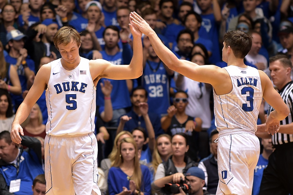 DURHAM, NC - NOVEMBER 14: Luke Kennard #5 high-fives Grayson Allen #3 of the Duke Blue Devils following a play against the Bryant Bulldogs at Cameron Indoor Stadium on November 14, 2015 in Durham, North Carolina.