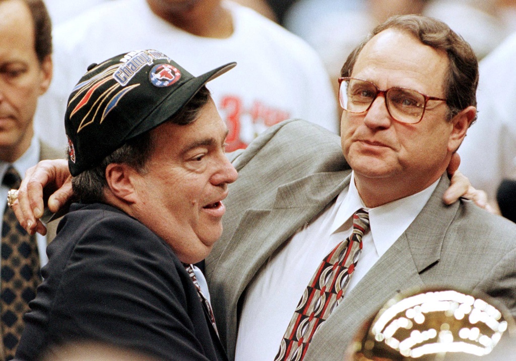SALT LAKE CITY, UNITED STATES:  Chicago Bulls General Manager Jerry Krause (L) and team owner Jerry Reinsdorf (R)  celebrate14 June after the Bulls won game six of the NBA Finals against the Utah Jazz at the Delta Center in Salt Lake City, UT. The Bulls won the game 87-86 for their sixth NBA Championship.