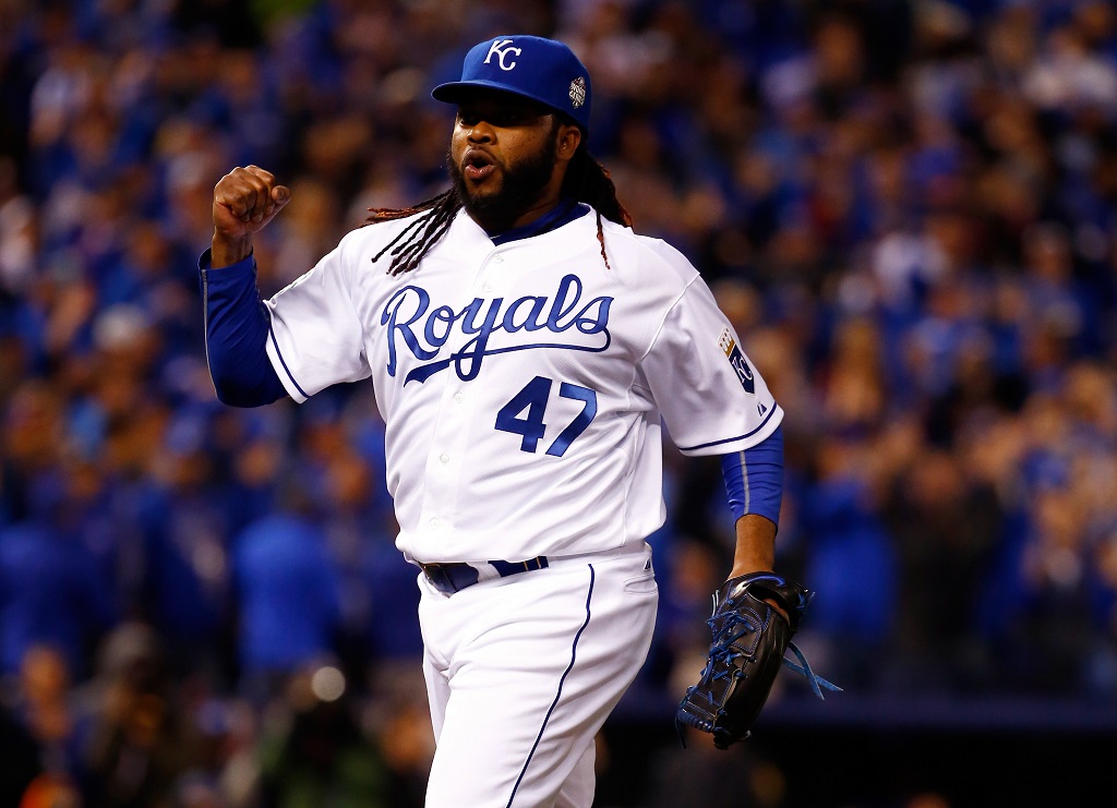 in Game Two of the 2015 World Series at Kauffman Stadium on October 28, 2015 in Kansas City, Missouri.