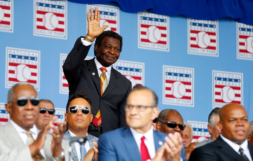 COOPERSTOWN, NY - JULY 27:  Hall of Famer Lou Brock is introduced during the Baseball Hall of Fame induction ceremony at Clark Sports Center on July 27, 2014 in Cooperstown, New York