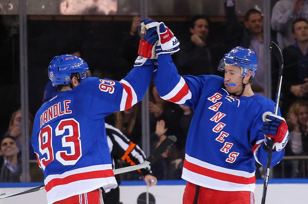 Keith Yandle #93 and Kevin Hayes #13 of the New York Rangers celebrate Hayes' third period goal