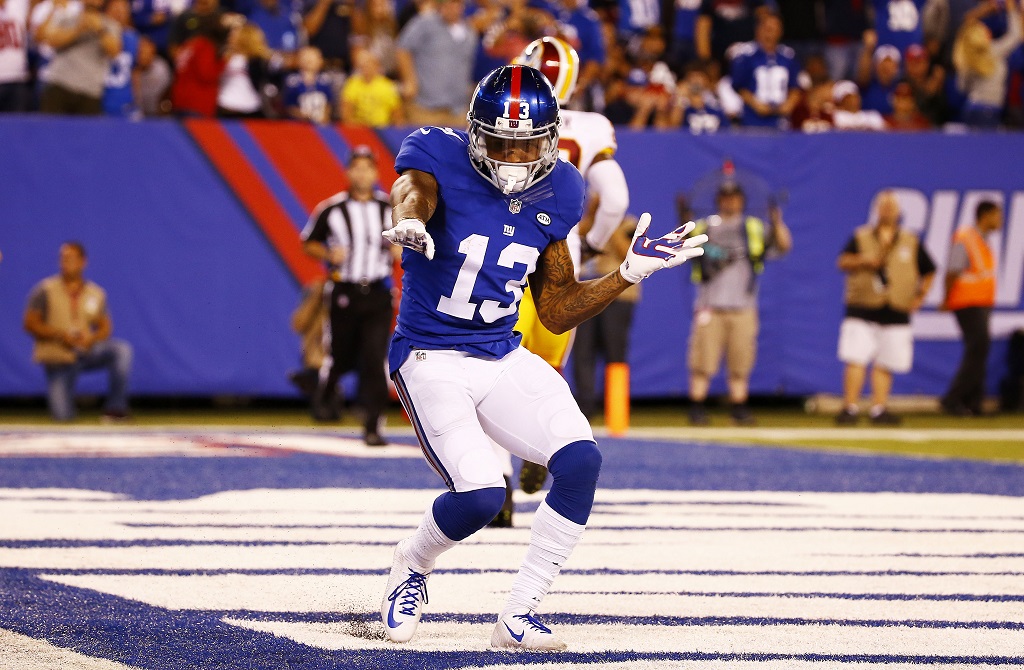 Odell Beckham Jr. dances in the end zone at MetLife Stadium on September 24, 2015 in East Rutherford, New Jersey.