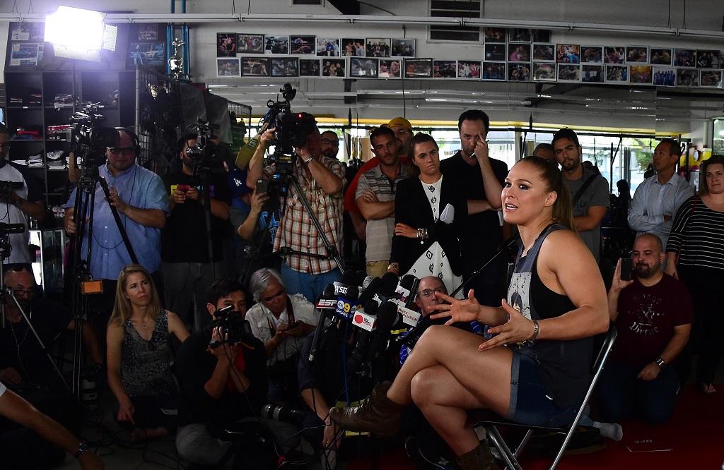 Mixed Martial Arts (MMA) fighter Ronda Rousey responds to questions during media day in Glendale, California on October 27, 2015 ahead of her November 14 fight in Melbourne, Australia against Holly Holm