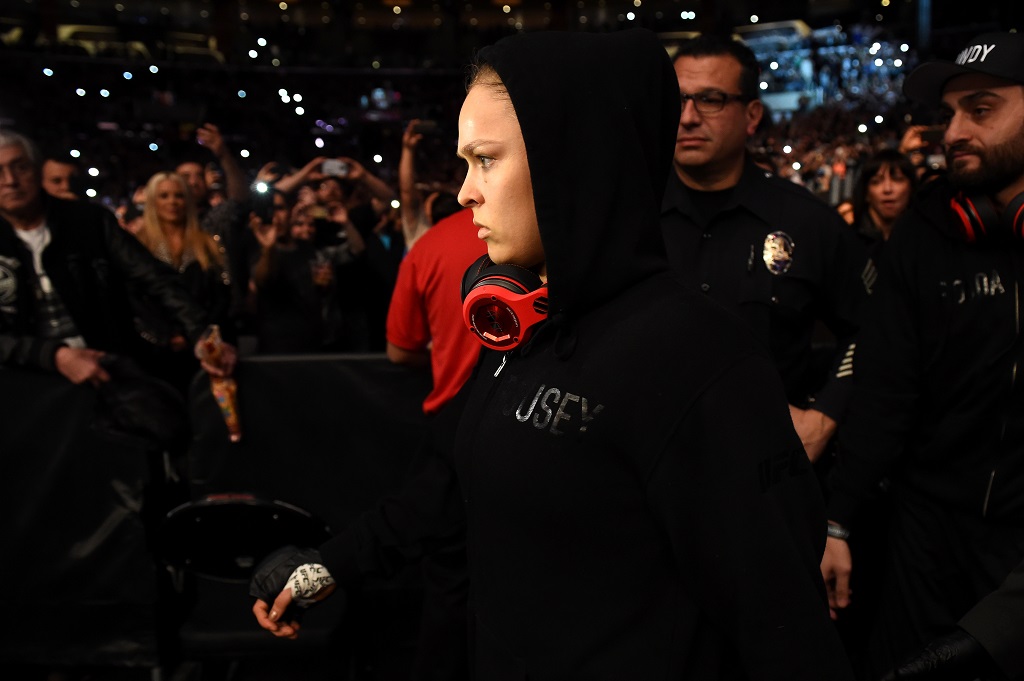 <> in their UFC women's bantamweight championship bout during the UFC 184 event at Staples Center on February 28, 2015 in Los Angeles, California.