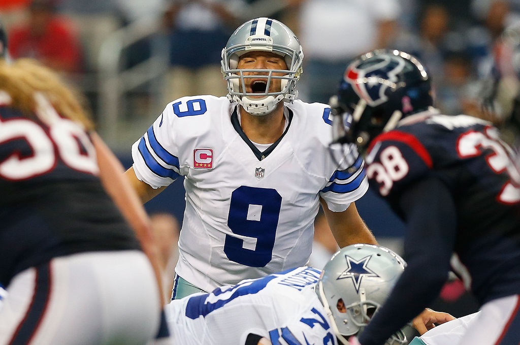 ARLINGTON, TX - OCTOBER 05:  Tony Romo #9 of the Dallas Cowboys calls signals against the Houston Texans in the second half at AT&T Stadium on October 5, 2014 in Arlington, Texas