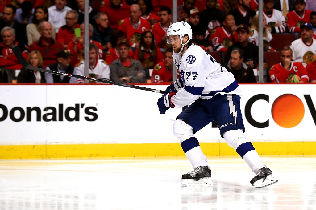 during Game Three of the 2015 NHL Stanley Cup Final at the United Center on June 8, 2015 in Chicago, Illinois.