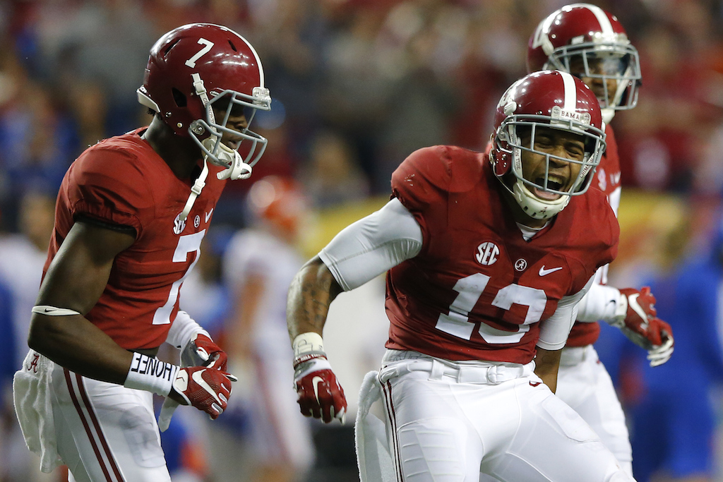 Alabama players celebrate a touchdown