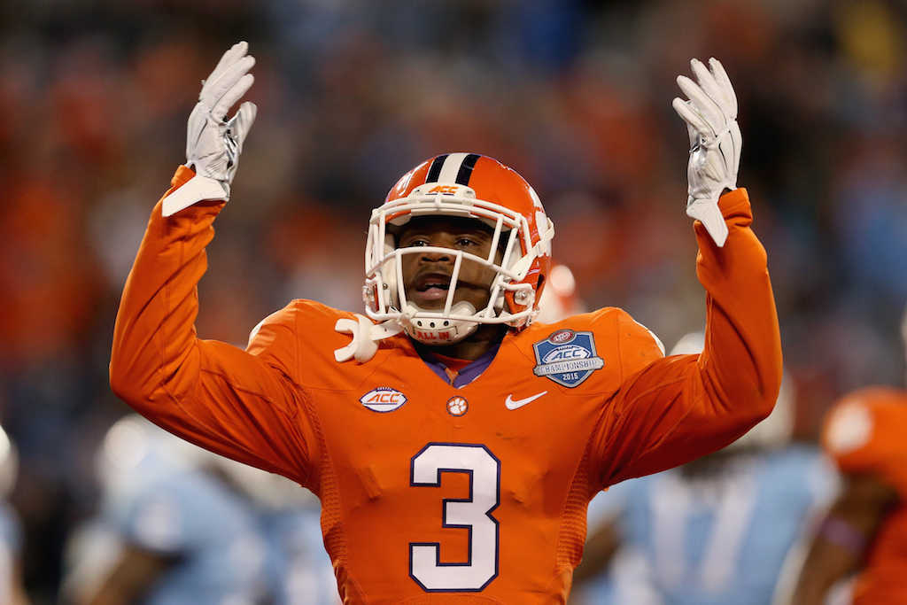 Artavis Scott #3 of the Clemson Tigers reacts after a play against the North Carolina Tar Heels